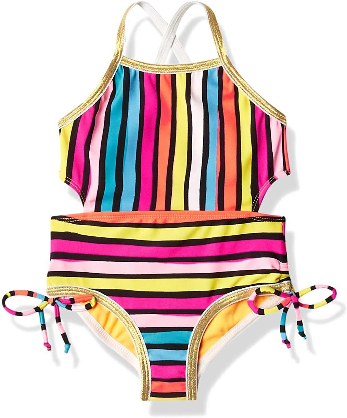 Girls' Striped Cutout Criss Cross Back One Piece Swimsuit