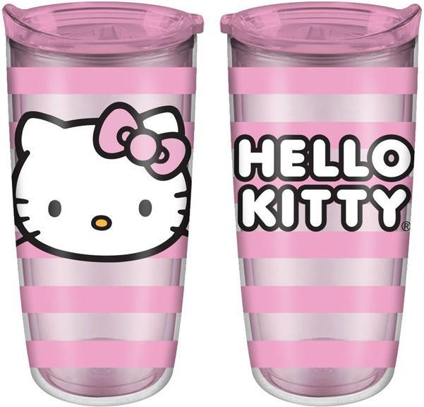 Hello Kitty Face Logo Pink Stripes 20oz Double Wall Travel Tumbler
