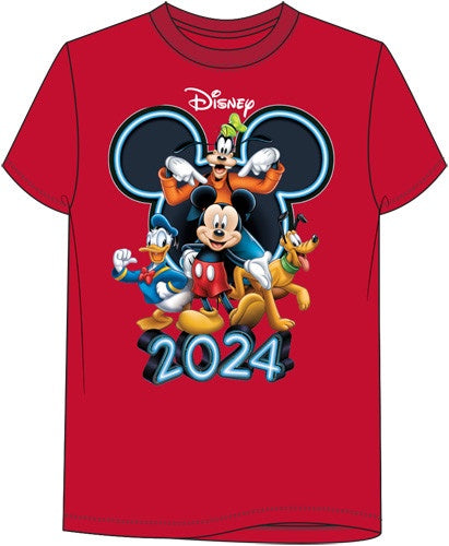 Disney 2024 Youth Mickey, Goofy, Donald & Pluto Tee, Brilliant Red