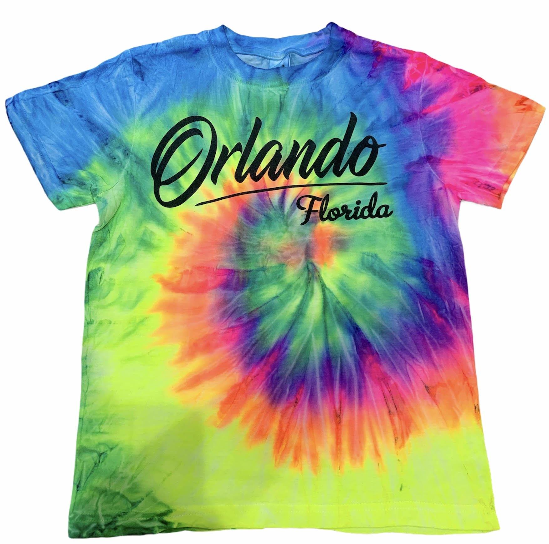 Kids Tie Dye Neon Rainbow T-Shirt Orlando Script Black
