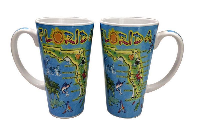 Latte Mug with Blue Florida Design 17 oz
