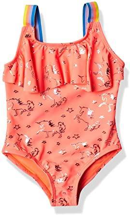 Little Girl's Printed One Piece Swimsuit with Ruffle Trim Coral