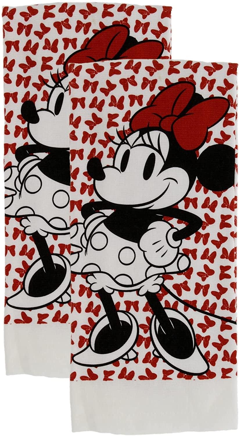 Minnie Mouse 2 Pack Kitchen 100% Cotton Tea Towels White with Red Bows