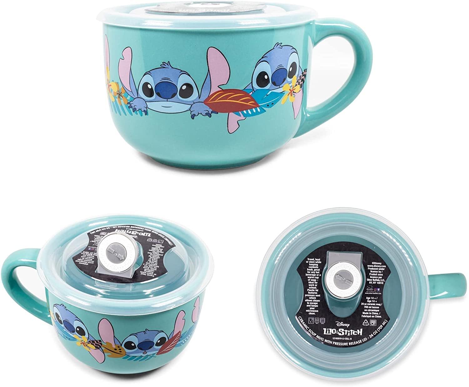 Silver Buffalo Lilo and Stitch Aloha Multi Face 24oz Ceramic Soup Mug with Vented Plastic Lid, blue