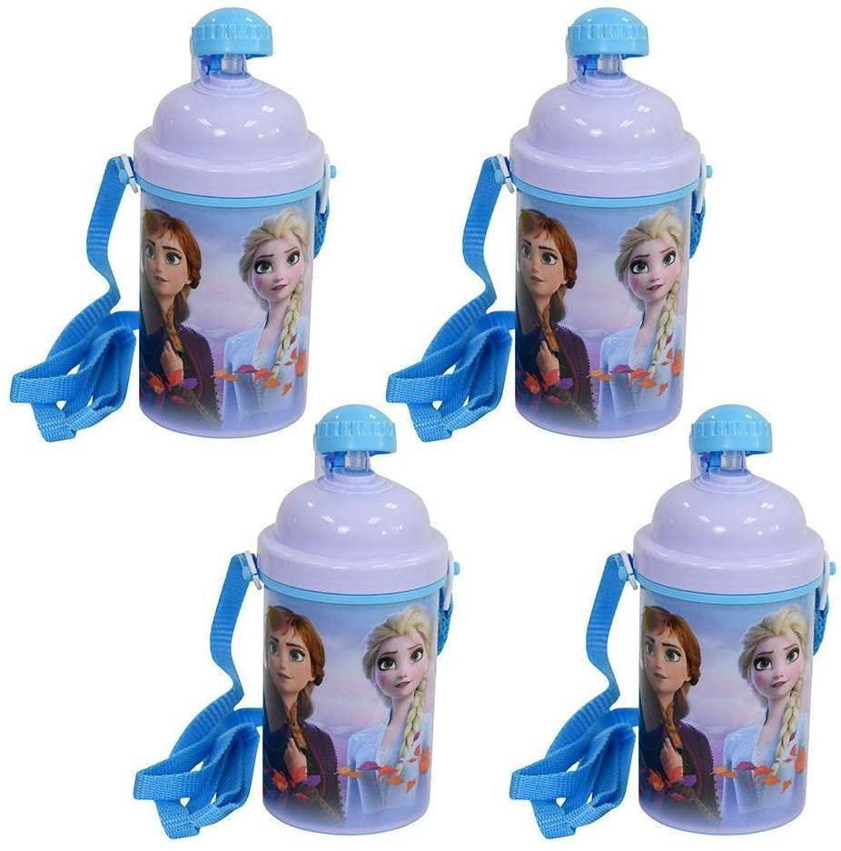 Zak Designs [4-Pack] Disney Frozen Kids 12oz Pop-up Lid Canteen Water Bottles with Carrying Strap