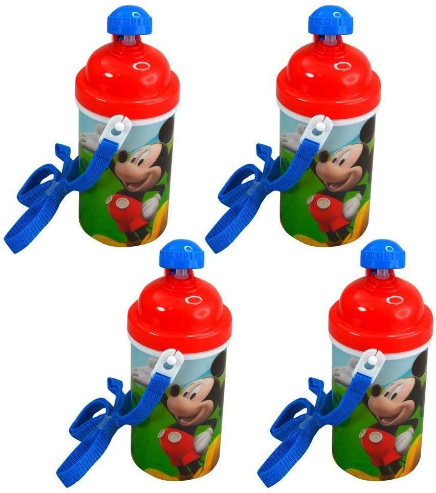 Zak Designs [4-Pack] Disney Mickey Mouse Kids 12oz Pop-up Lid Canteen Water Bottles with Carrying Strap
