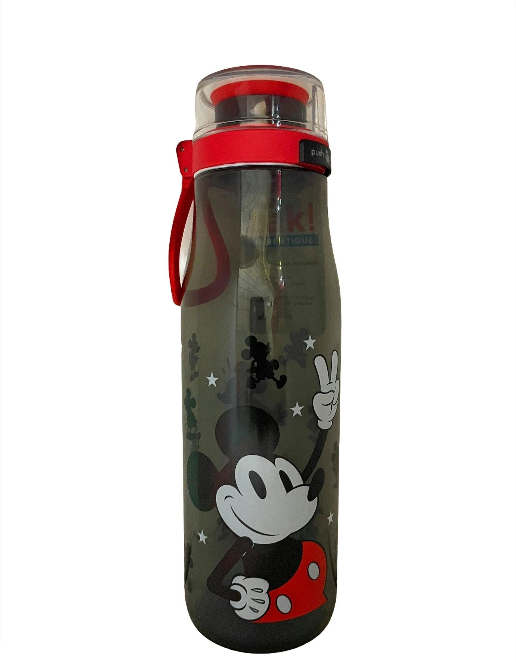 Zak Designs Disney Mickey Mouse Plastic Water Bottle with Push Button Action and Locking Lid, Includes Portable Carry Loop, Leak-Proof Design is Perfect for Outdoor Sports (25oz, BPA-Free)